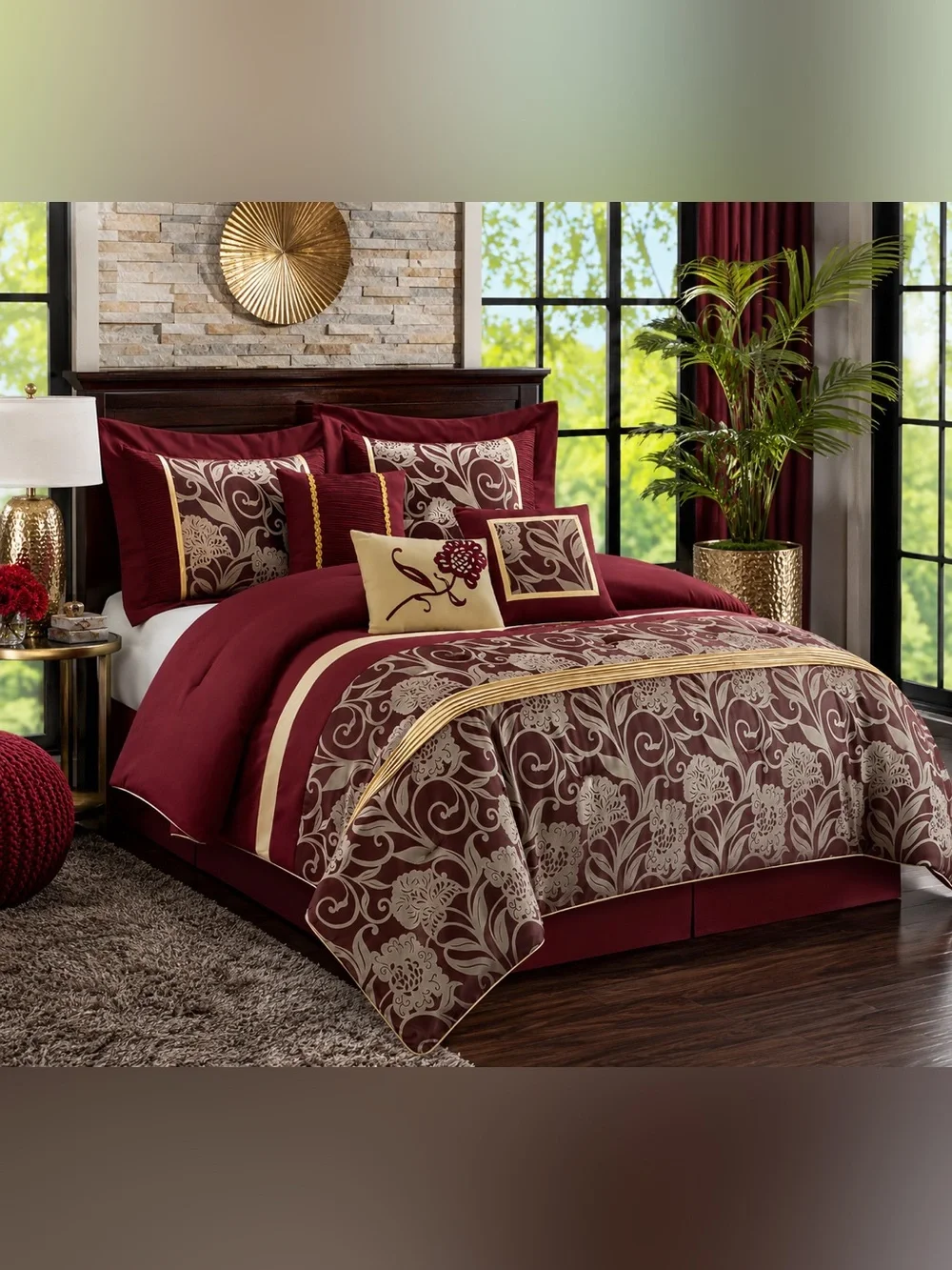 Luxurious Nanshing Mollybee Queen Red Gold 7 Pc Floral Comforter Bedding Set